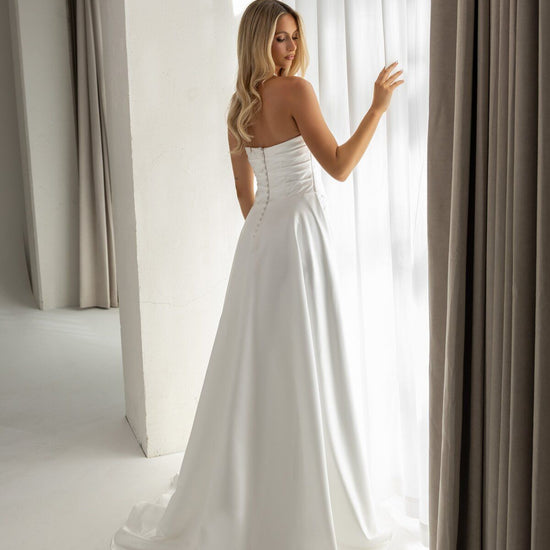 HEIDI strapless A-line satin wedding dress with asymmetric waist drape by Miss Chloe