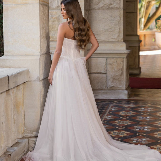 BRIANNA strapless tulle A-line wedding dress with straight neckline and softly draped bodice by Jessica Couture