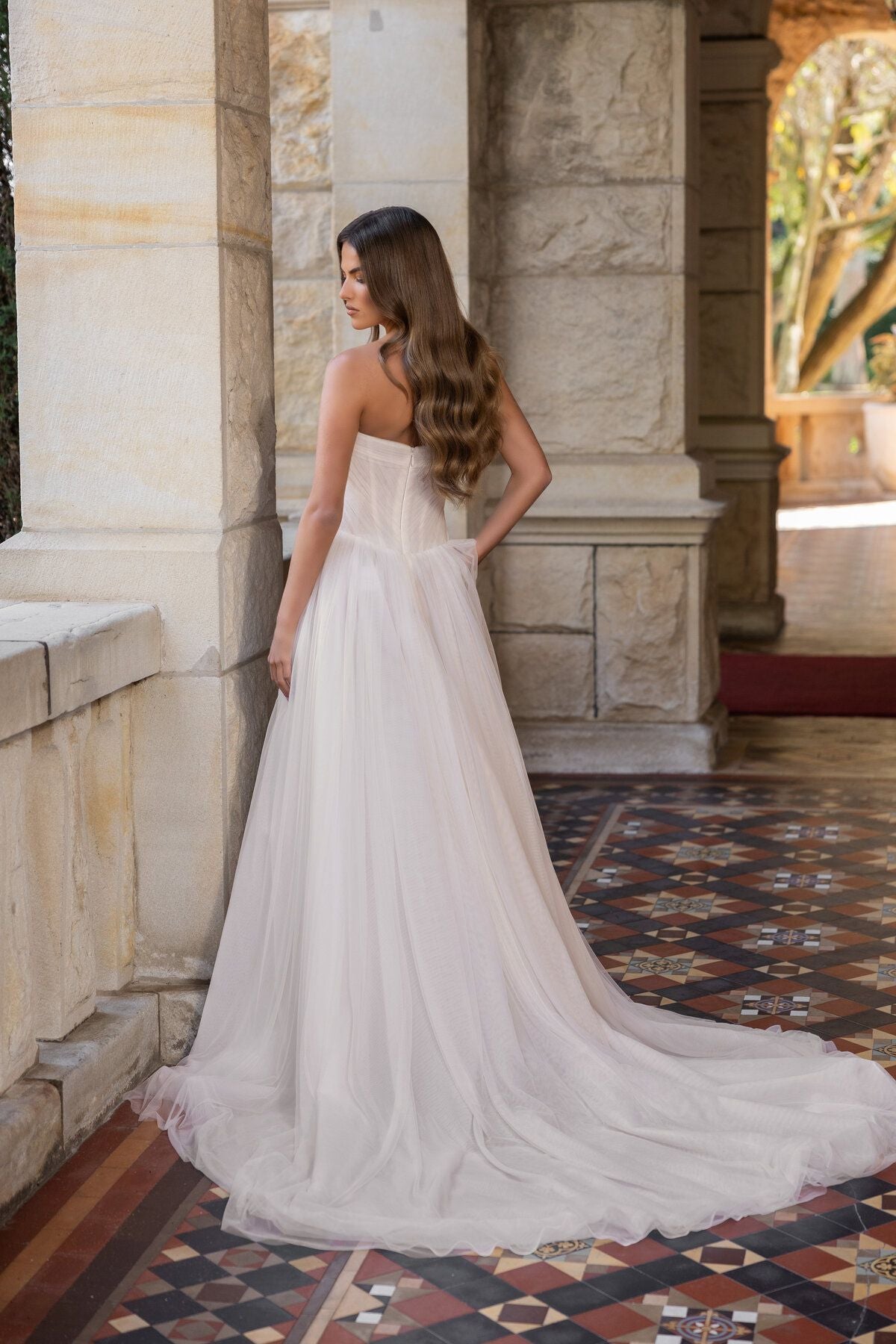 BRIANNA strapless tulle A-line wedding dress with straight neckline and softly draped bodice by Jessica Couture