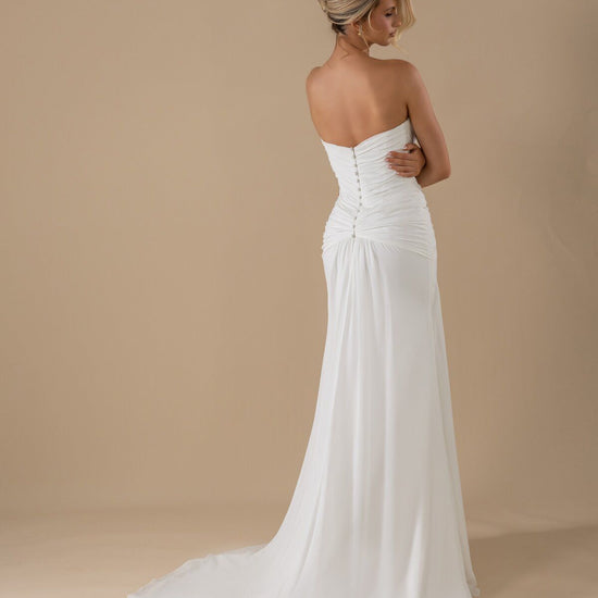 KEIRA draped chiffon fit-and-flare wedding dress with trailing scarf by Miss Chloe