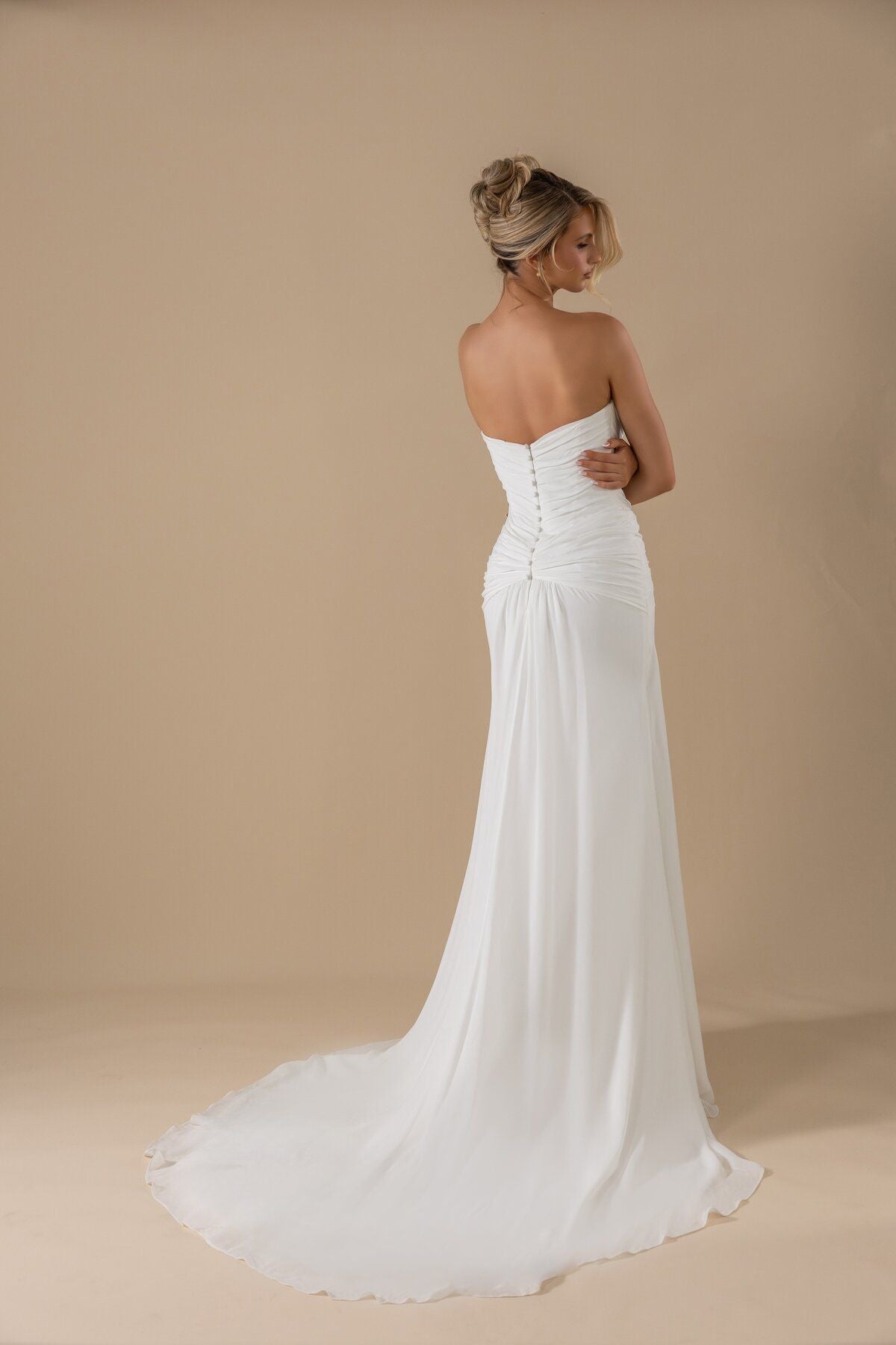 KEIRA draped chiffon fit-and-flare wedding dress with trailing scarf by Miss Chloe
