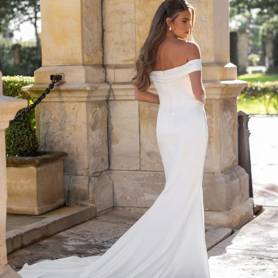 ELENA off-the-shoulder fitted wedding dress with folded neckline and draped waist by Jessica Couture