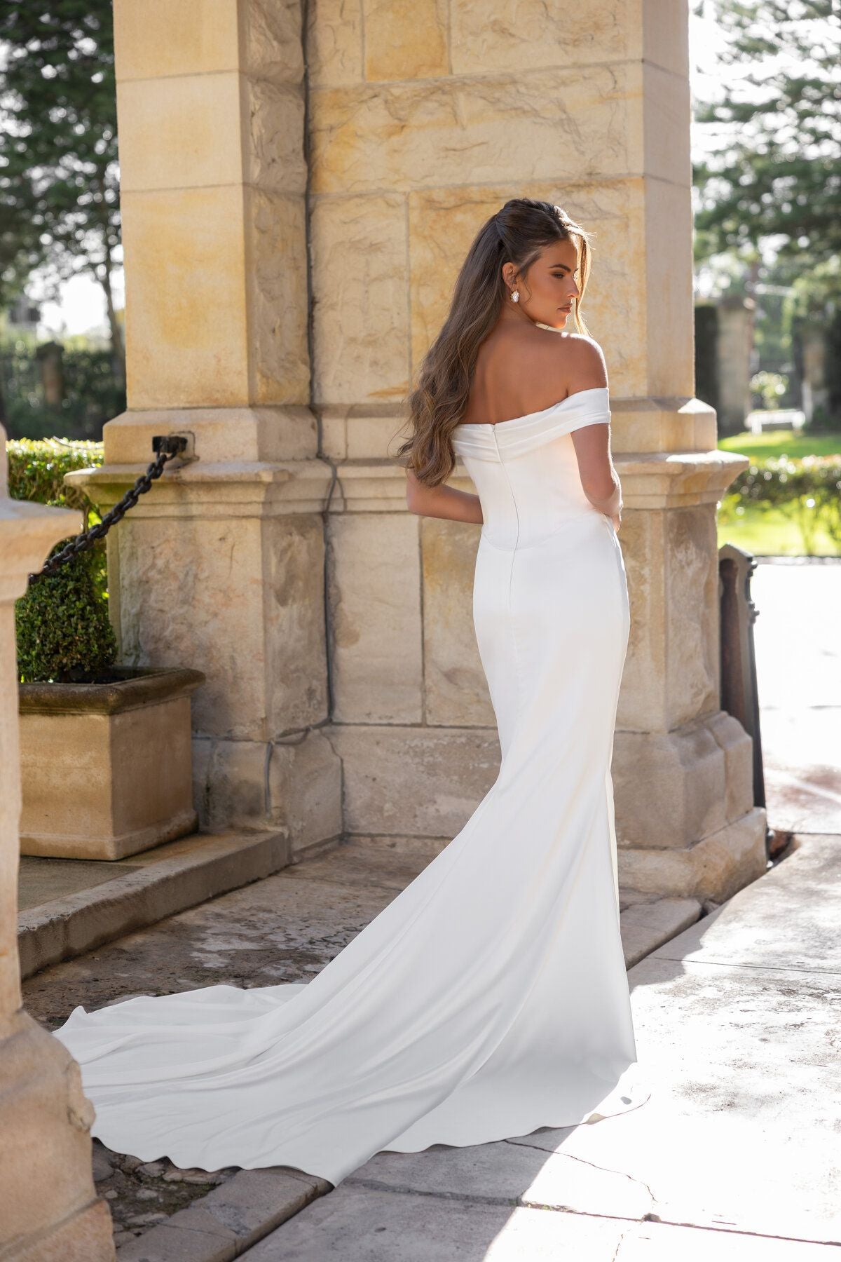 ELENA off-the-shoulder fitted wedding dress with folded neckline and draped waist by Jessica Couture