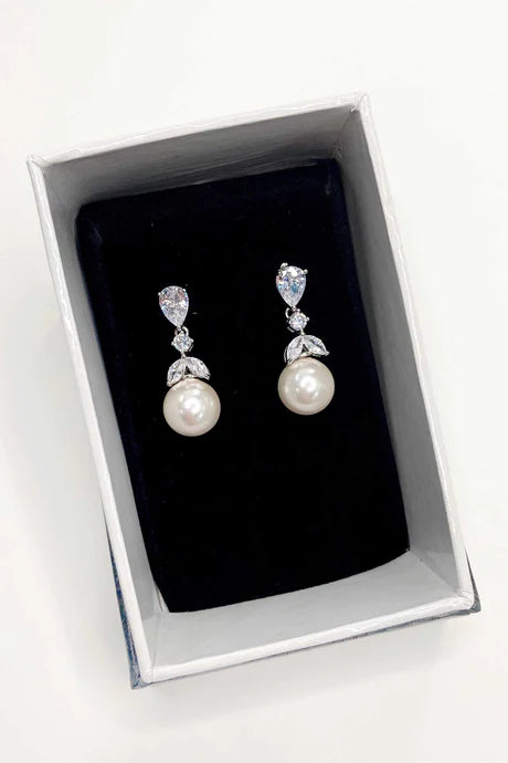 Diamante earrings with round pearl hanging from bottom