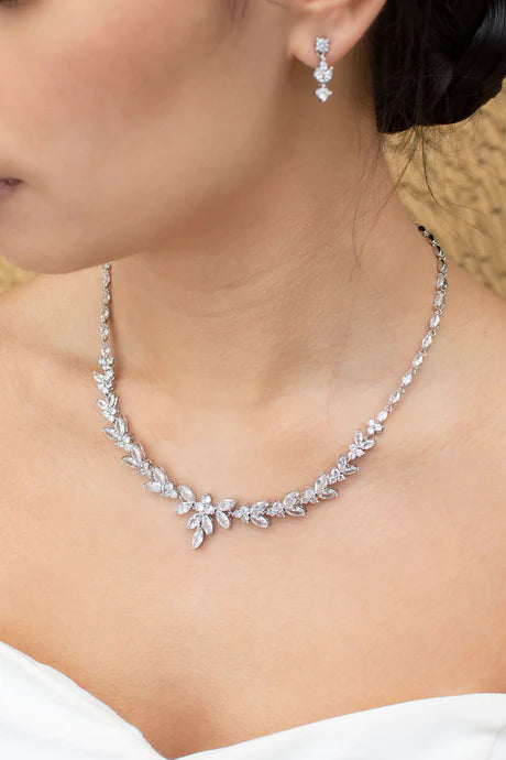 Corinna diamante necklace on silver backing in organic navette shape.