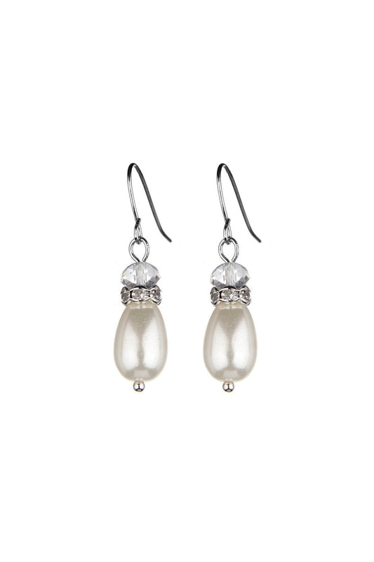 Pearl drop earrings with diamante and transparent bead accent.