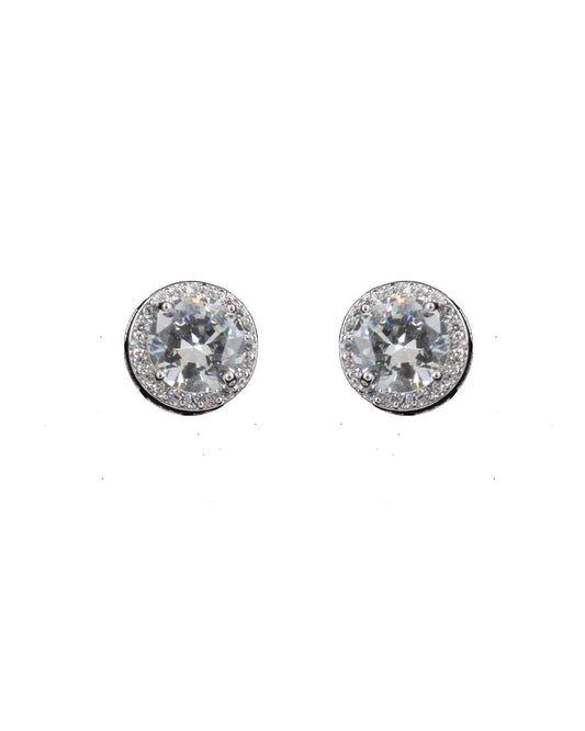 Round cubic zirconia in a border of smaller cubic zirconia set in silver