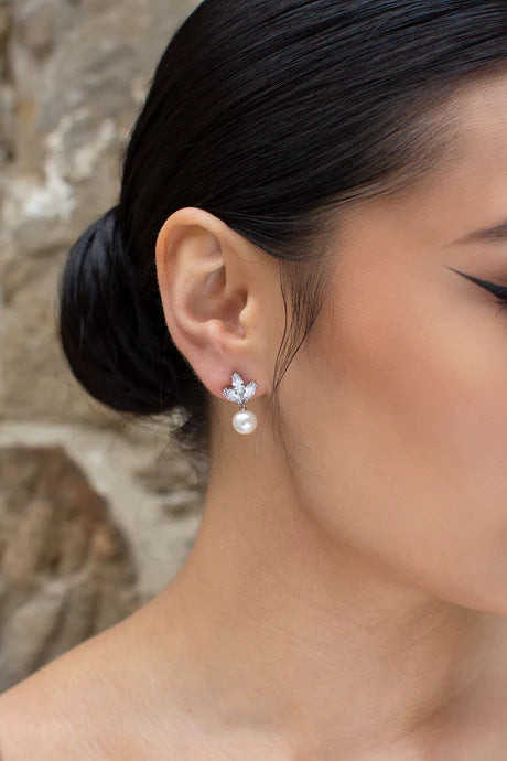 Earring with navette shaped diamante cluster with pearl hanging from bottom
