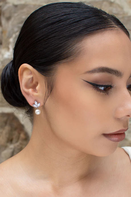 Earring with navette shaped diamante cluster with pearl hanging from bottom