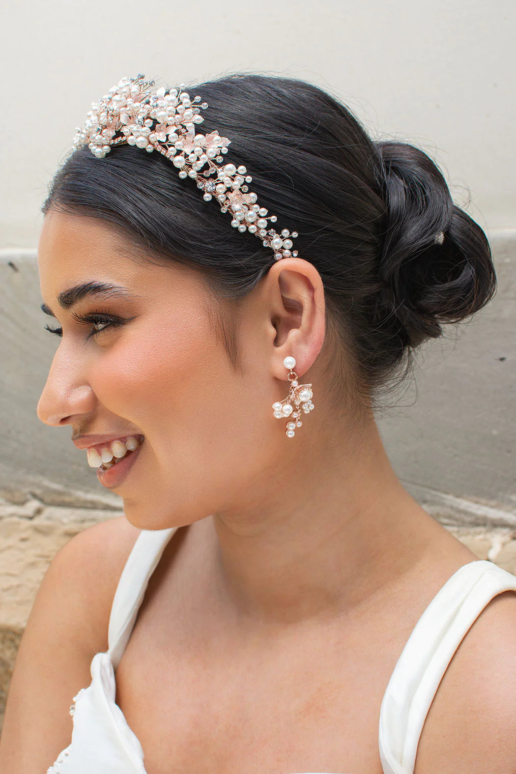  rose Gold pearl encrusted flower earrings in matte finish metal.