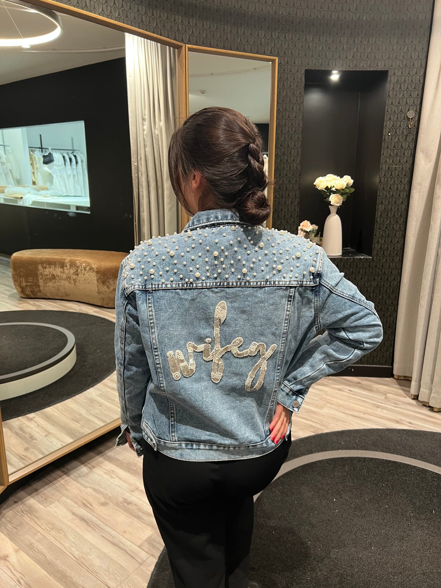 Blue denim jacket with scattered pearls and beaded 'wifey' lettering