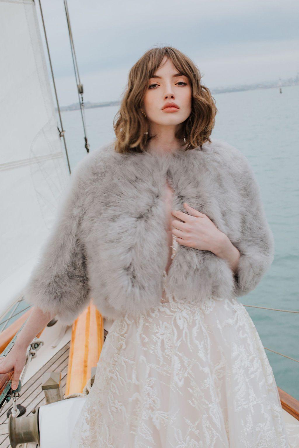 Plume real feather jacket in silver grey with 3/4 sleeves
