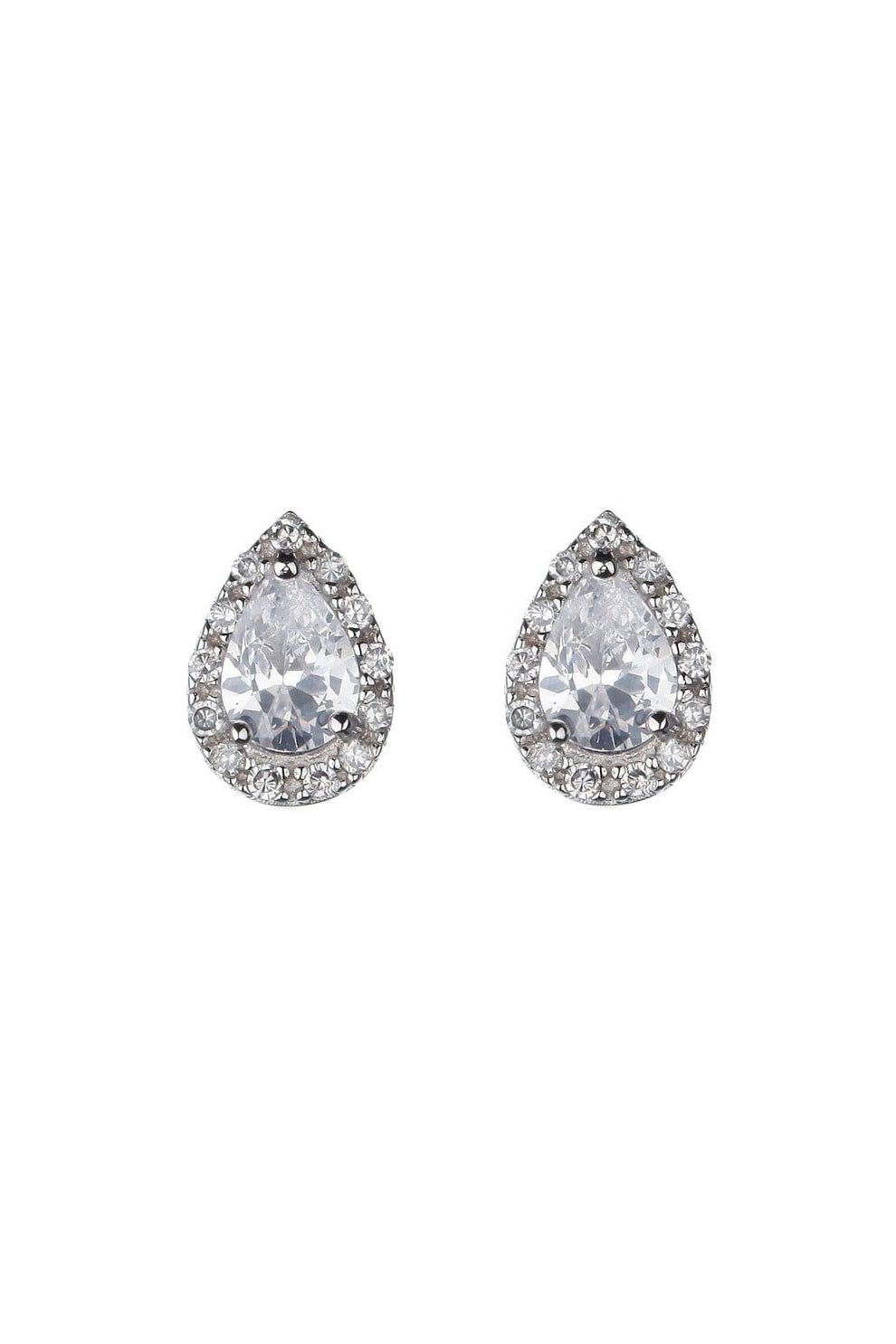 Teardrop cubic zirconia studs with a border of smaller cubic zirconia studs set in silver