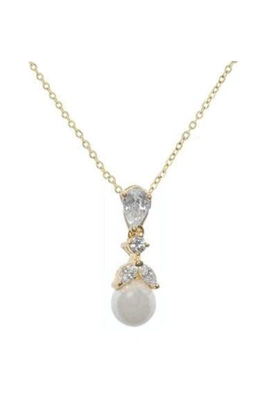 Gold necklace with cubic zirconia navette and pearl drop on a gold chain