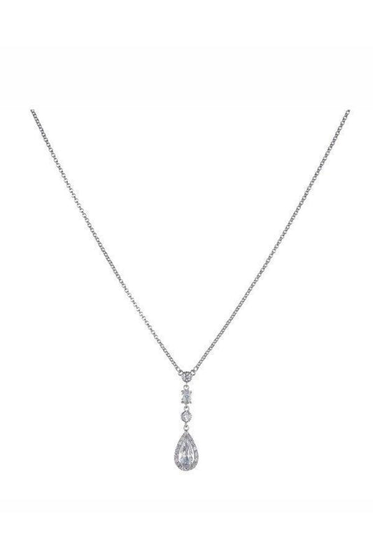 Drop of different shaped cubic zirconia with a large pear cut stone. Set in silver on a silver chain.