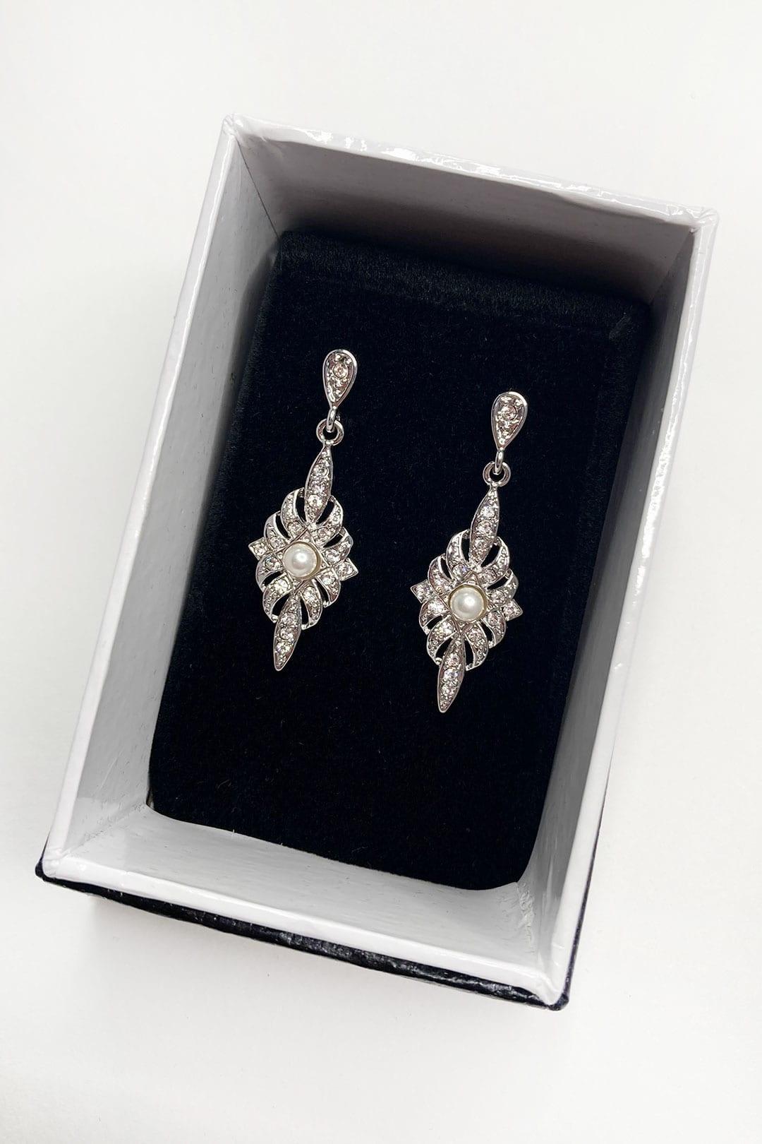 Antoinette vintage style earring with cubic zirconia and a small pearl at the centre of diamond shaped drop.