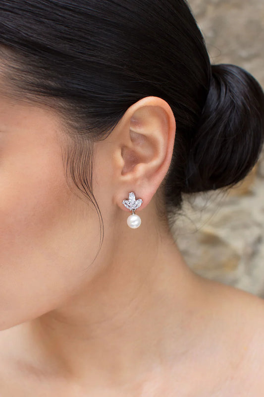 Earring with navette shaped diamante cluster with pearl hanging from bottom